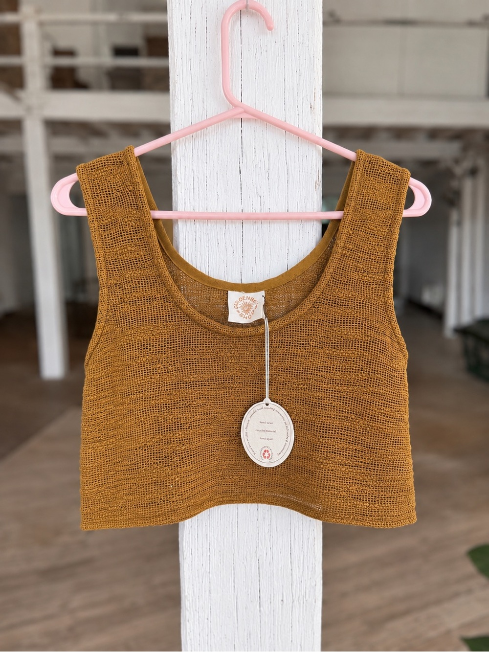 Gardenbelle Shop Softened Burlap Woven Crop Tank Top in Brown